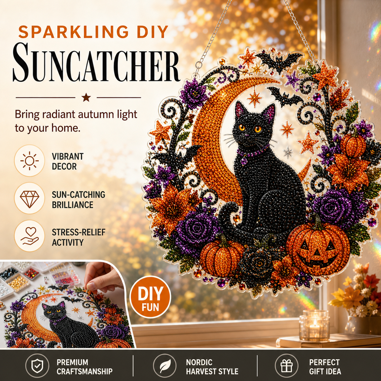 🥳HOT SALE🥳💞12K+ SOLD! Halloween Ornament – From £12.99! DIY suncatcher, resin beads & cat/pumpkin design. Festive craft – grab yours! ✅