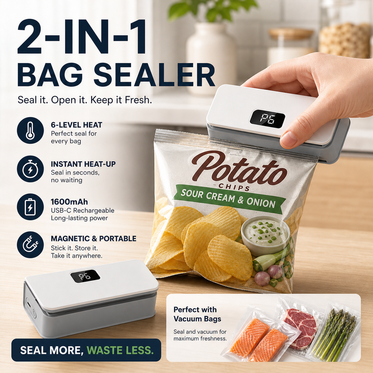 🥳2026 HOT SALE🥳💞50K+ SOLD!⏰⚡ 50% OFF! Rechargeable Bag Sealer – No batteries needed, USB-C charging. Magnetic back for fridge storage. 6 heat settings for any bag. Keeps food fresh longer. 🧊✨