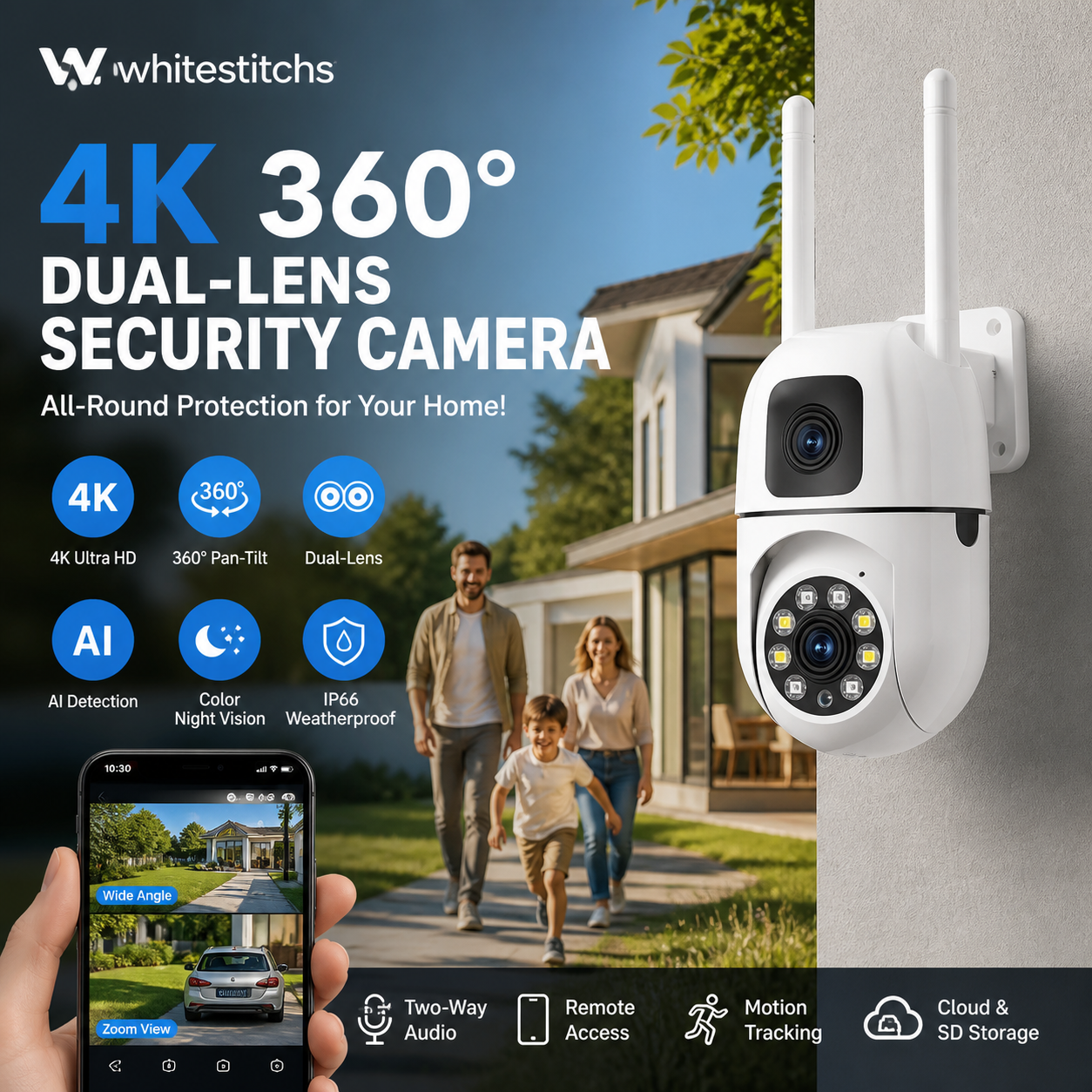 🔍🔍360° Pan & Tilt 4K Dual Lens Security Camera – Outdoor WiFi Surveillance Camera