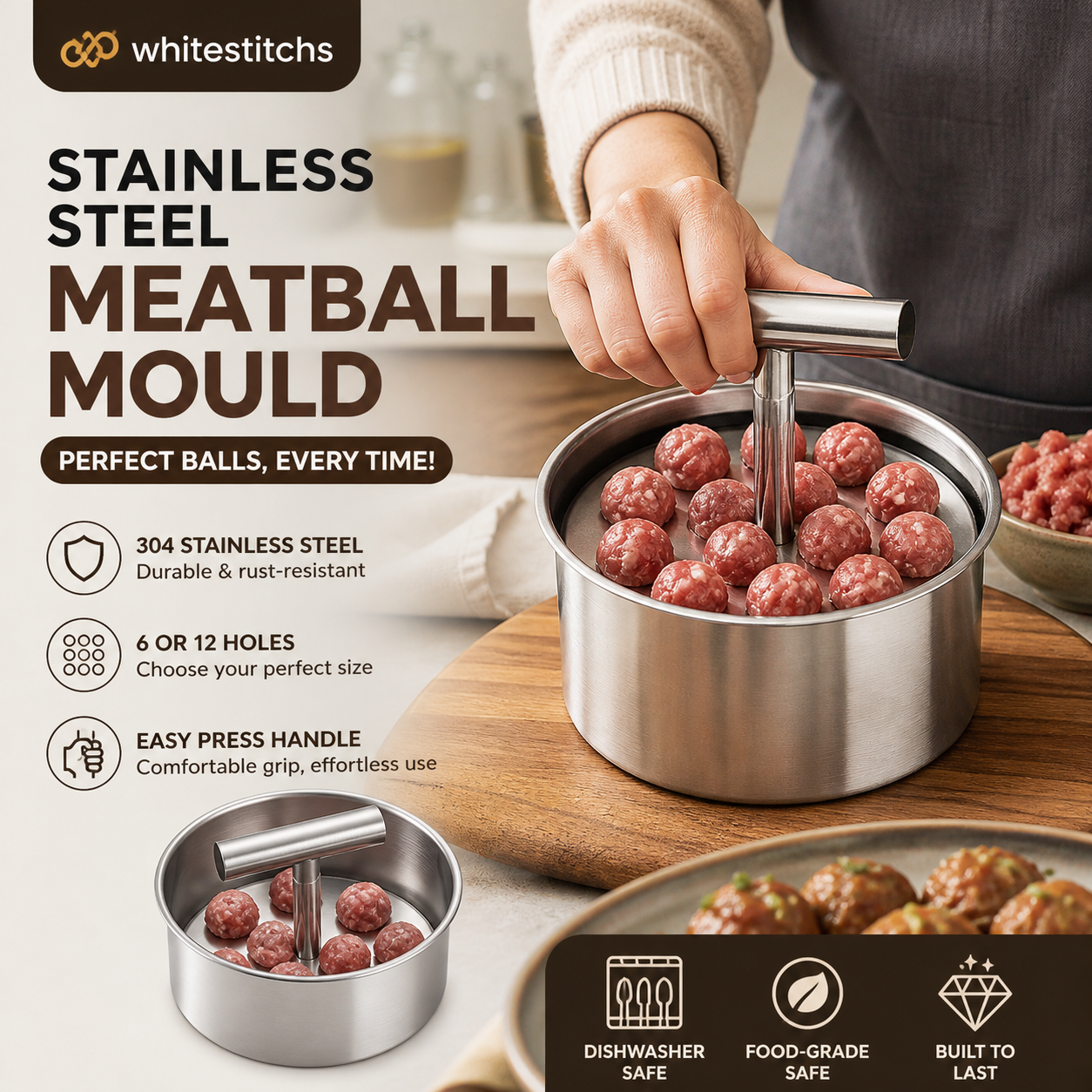 🥳HOT SALE🥳💞50K+ SOLD! Meatball Mould – From £8.99! 304 steel, 6/12 holes & ergonomic. Perfect balls every time – grab yours! ✅