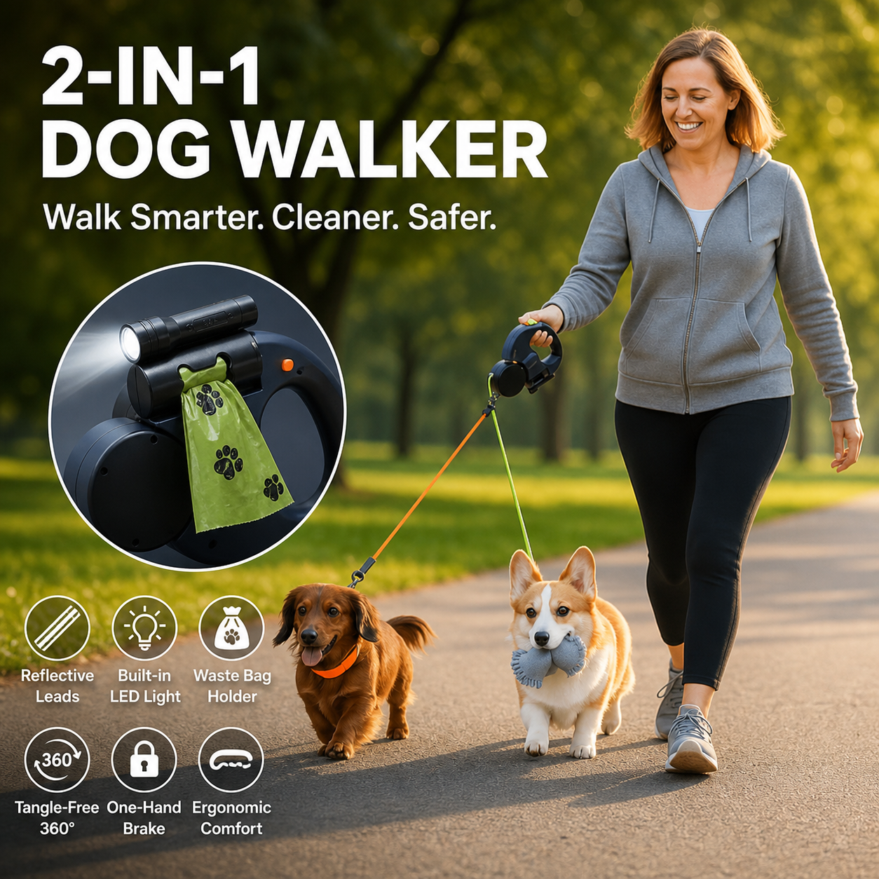 ⏰HOT SALE – LAST CHANCE⏰ Multi-Functional Pet Walking Leash – Retractable 3m, Reflective – Flashlight & Waste Bag Holder – Comfort Grip! 🔥