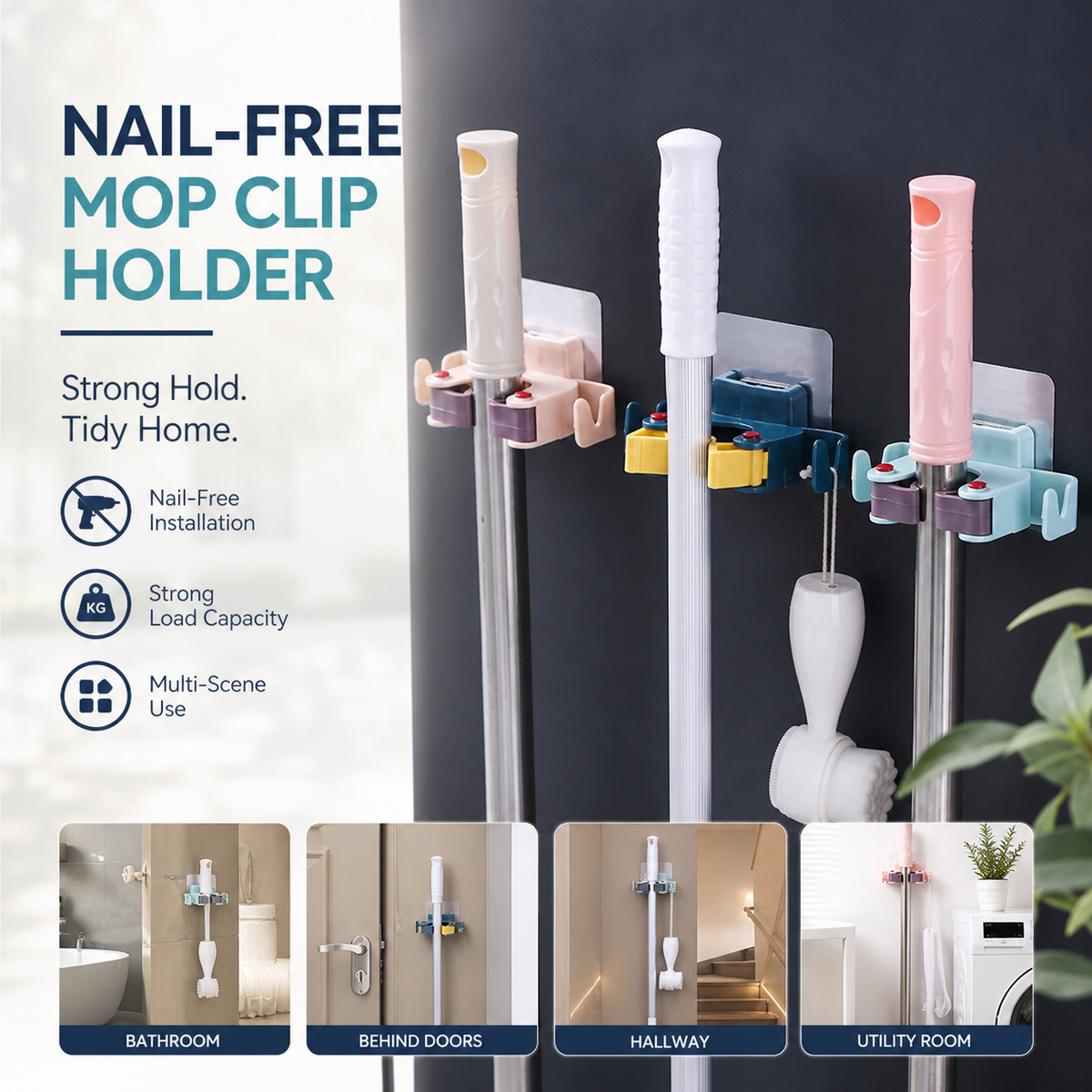 🥳HOT SALE🥳💞50K+ SOLD! Mop Clip Holder – From £6.98! Nail-free adhesive, holds 3kg & 2 hooks. Tidy space instantly – grab yours! ✅