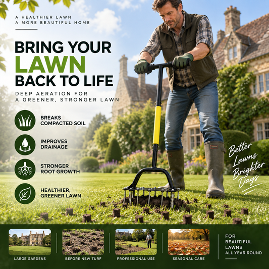 🌱COMPACTED SOIL & BACK STRAIN? Lawn Aerator – Step-In Leverage, Carbon Steel – Padded T-Handle, Spring Ejection – Effortless Aeration! 🎯