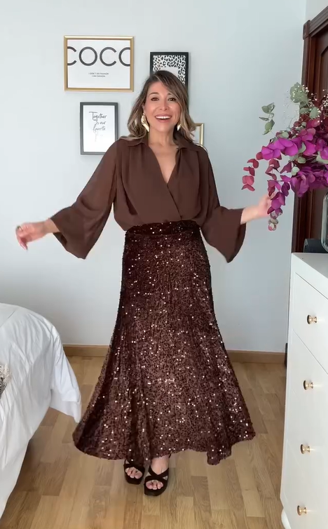 📢📢60 %  OFF !! ⏰Women's Long Sleeve Top & Sequin Maxi Skirt Two-Piece Set