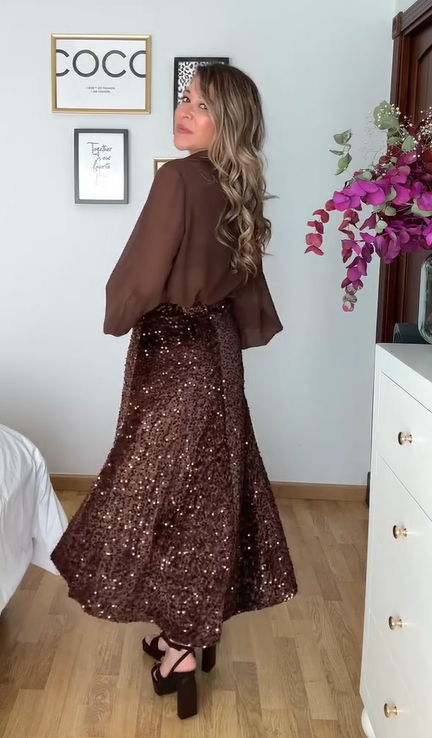 📢📢60 %  OFF !! ⏰Women's Long Sleeve Top & Sequin Maxi Skirt Two-Piece Set