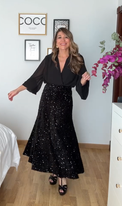 📢📢60 %  OFF !! ⏰Women's Long Sleeve Top & Sequin Maxi Skirt Two-Piece Set