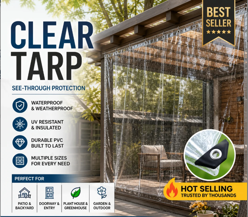 🥳2026 BESTSELLER🥾 Clear Tarp – Heavy-Duty 0.35mm PVC, 14 Mil – Waterproof, UV & Tear-Resistant – Reinforced Edges & Grommets – 3 Sizes! 🛡️💨
