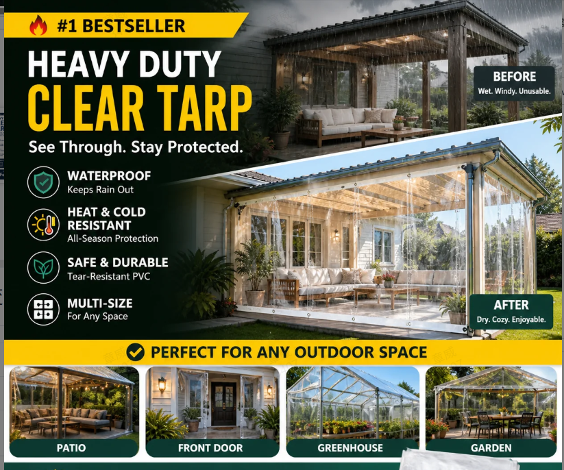 🥳2026 BESTSELLER🥾 Clear Tarp – Heavy-Duty 0.35mm PVC, 14 Mil – Waterproof, UV & Tear-Resistant – Reinforced Edges & Grommets – 3 Sizes! 🛡️💨