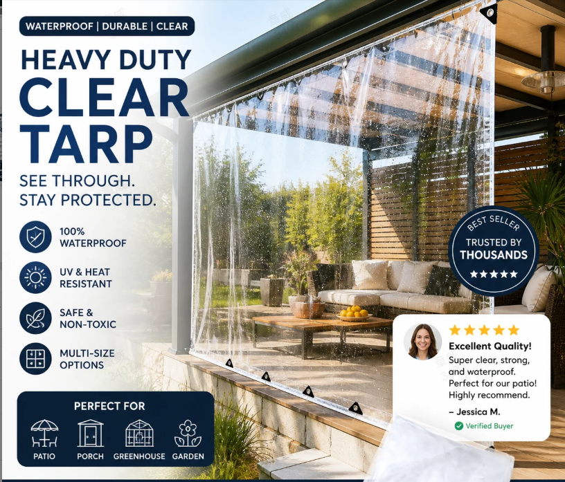 🥳2026 BESTSELLER🥾 Clear Tarp – Heavy-Duty 0.35mm PVC, 14 Mil – Waterproof, UV & Tear-Resistant – Reinforced Edges & Grommets – 3 Sizes! 🛡️💨