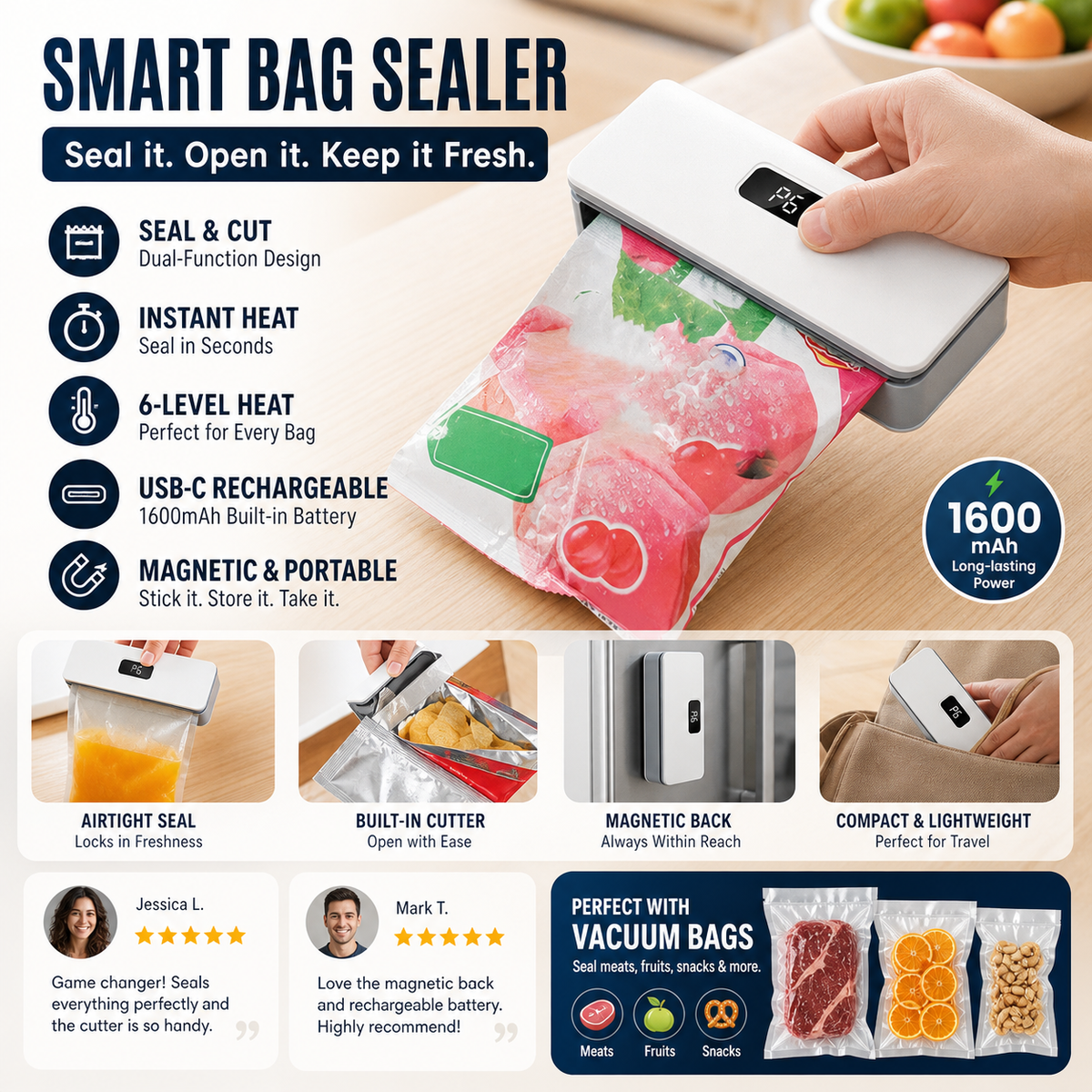 🥳2026 HOT SALE🥳💞50K+ SOLD!⏰⚡ 50% OFF! Rechargeable Bag Sealer – No batteries needed, USB-C charging. Magnetic back for fridge storage. 6 heat settings for any bag. Keeps food fresh longer. 🧊✨