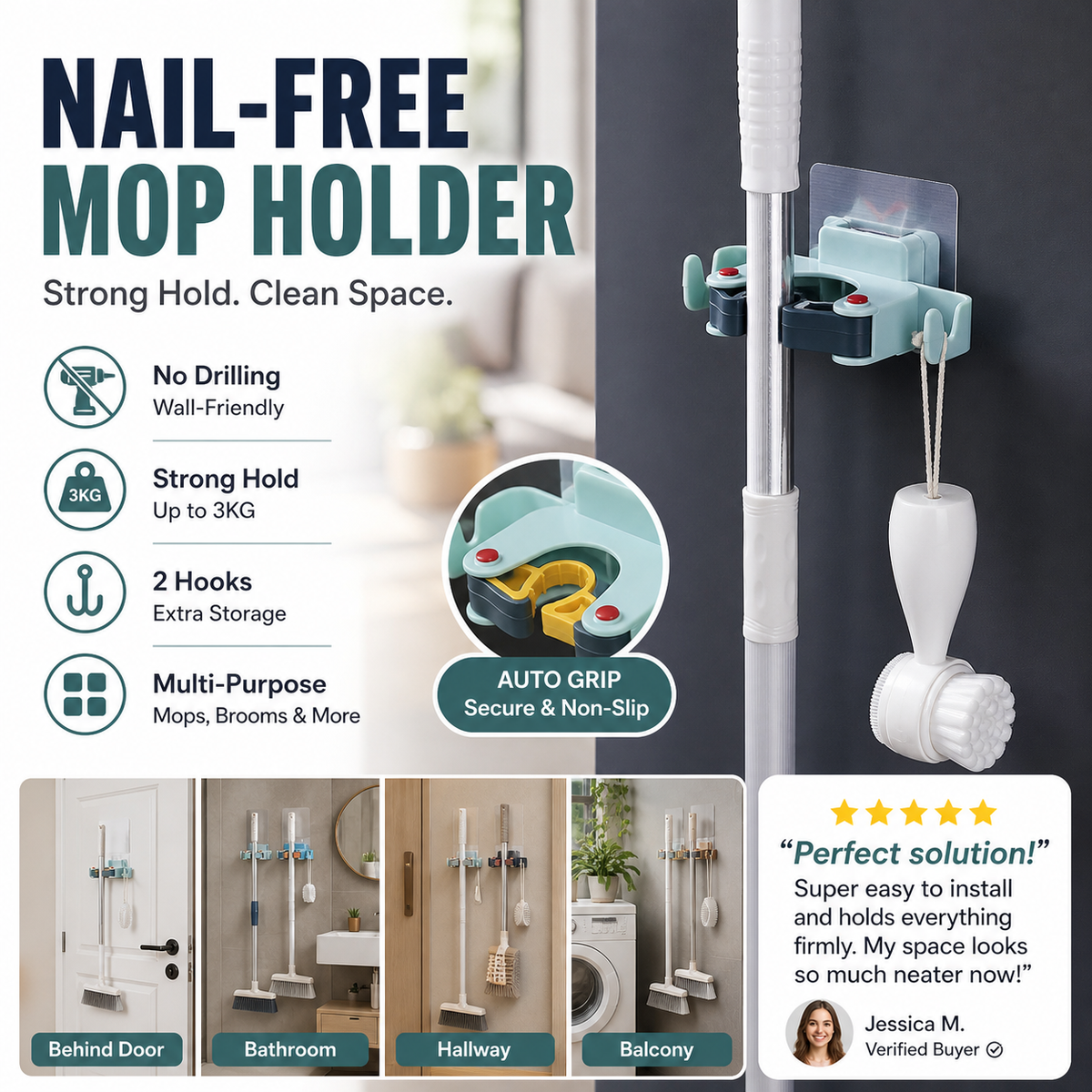 🥳HOT SALE🥳💞50K+ SOLD! Mop Clip Holder – From £6.98! Nail-free adhesive, holds 3kg & 2 hooks. Tidy space instantly – grab yours! ✅