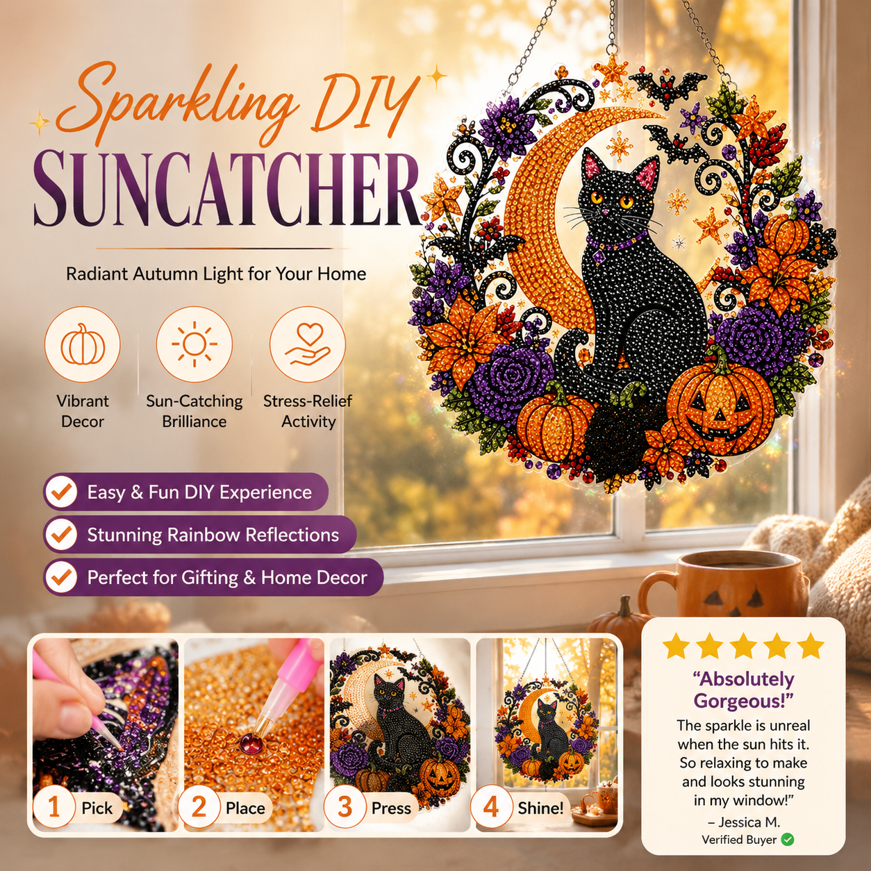 🥳HOT SALE🥳💞12K+ SOLD! Halloween Ornament – From £12.99! DIY suncatcher, resin beads & cat/pumpkin design. Festive craft – grab yours! ✅