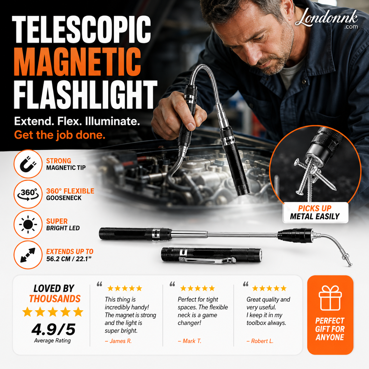 ⏳Time-Limited Special⏰Multifunctional Magnetic Telescopic Flashlight – Extendable, 360° Gooseneck, Super Bright 🛠️