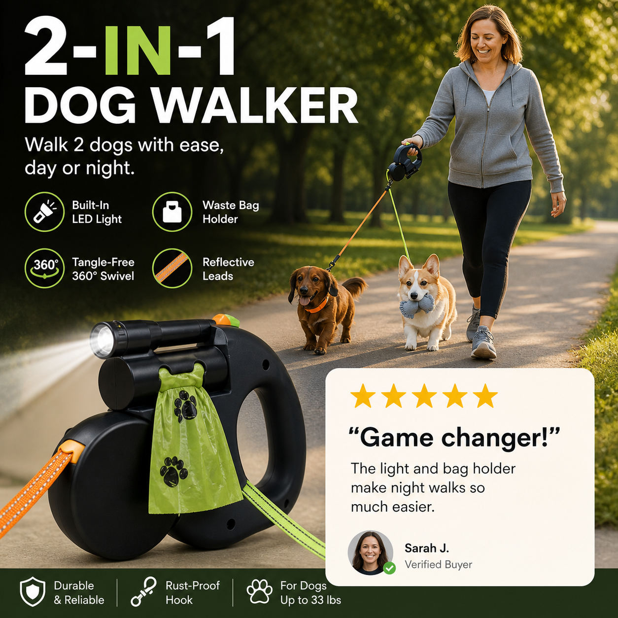⏰HOT SALE – LAST CHANCE⏰ Multi-Functional Pet Walking Leash – Retractable 3m, Reflective – Flashlight & Waste Bag Holder – Comfort Grip! 🔥
