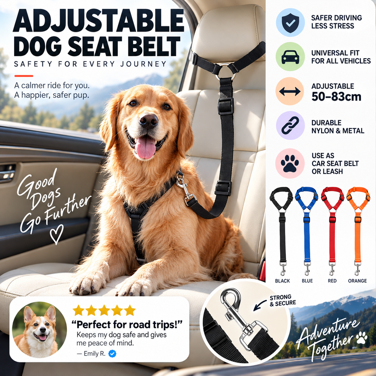 🥳HOT SALE🥳💞49K+ SOLD! Dog Seat Belt – From £8.99! Adjustable, universal & durable. Safe travels – grab yours! ✅