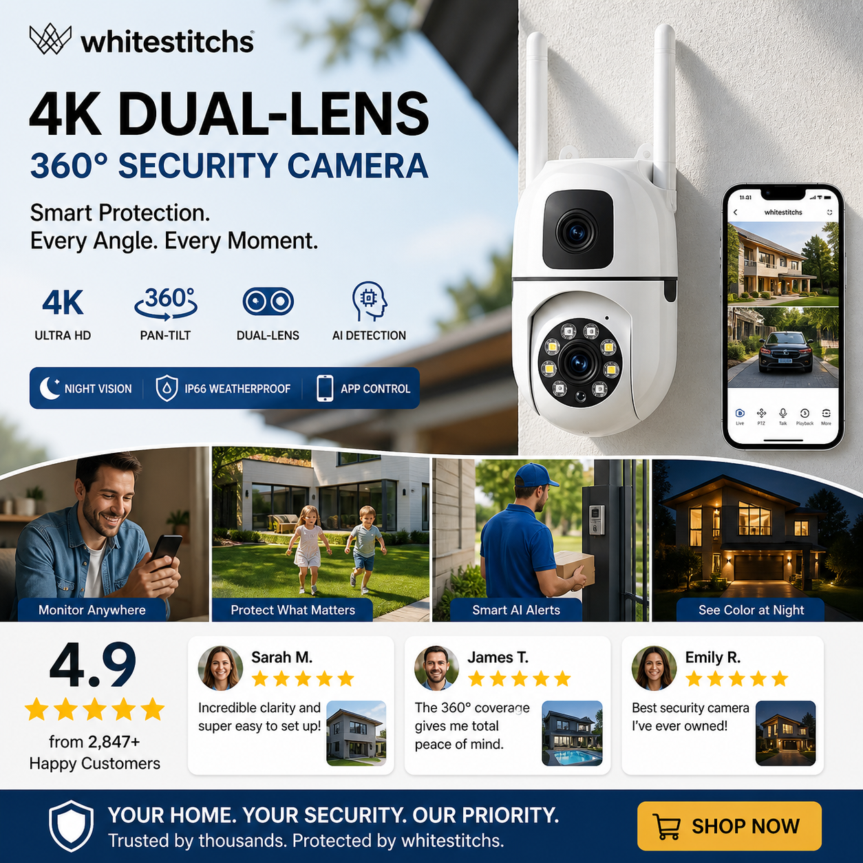 🔍🔍360° Pan & Tilt 4K Dual Lens Security Camera – Outdoor WiFi Surveillance Camera