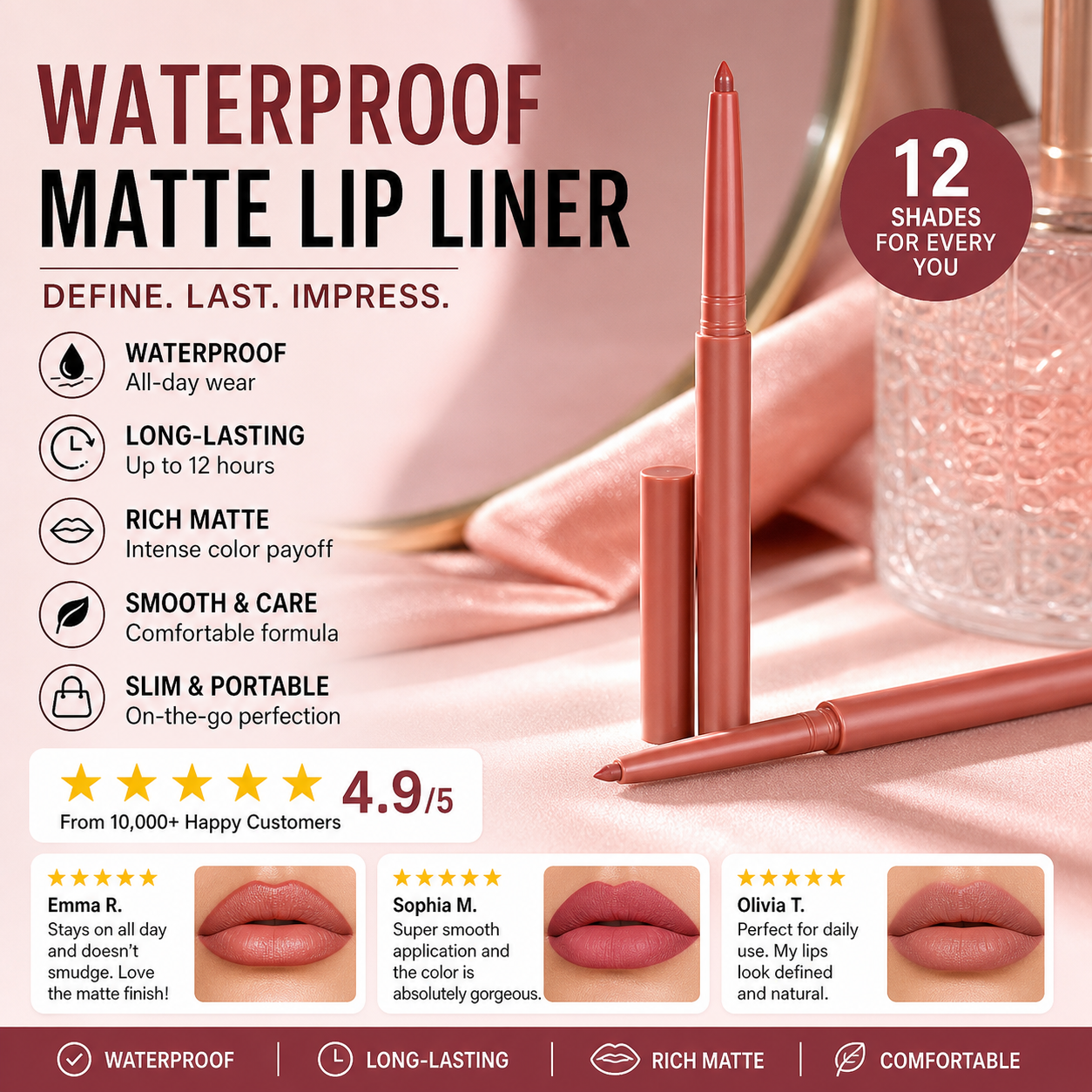 ⏰50% OFF – LAST CHANCE⏰ Waterproof Matte Lip Liner Set – 12 Shades, Smudge-Proof – Long-Lasting, Gentle Formula – Slim & Portable! 🔥