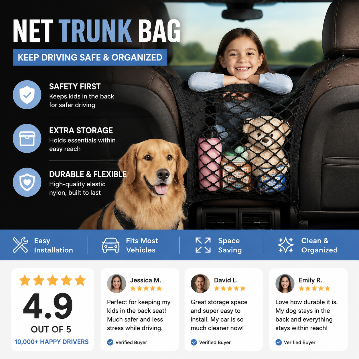 🥳HOT SALE🥳💞50K+ SOLD! Car Net Bag – From £5.99! Keeps pets/kids safe, organizes essentials & easy install. Safe drive – grab yours! ✅