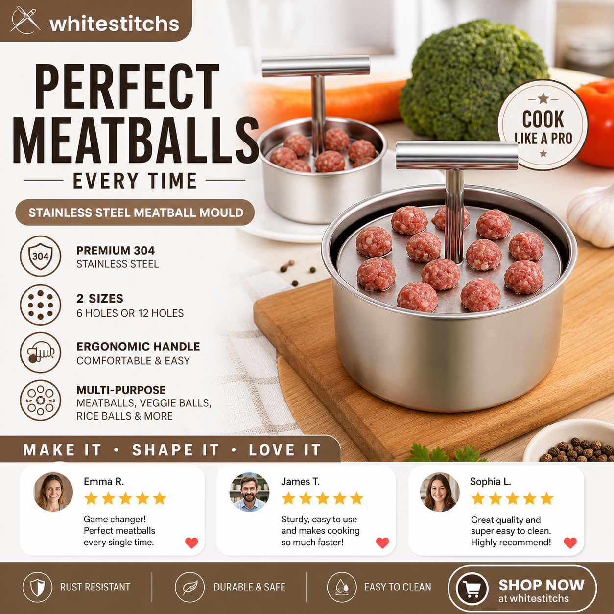 🥳HOT SALE🥳💞50K+ SOLD! Meatball Mould – From £8.99! 304 steel, 6/12 holes & ergonomic. Perfect balls every time – grab yours! ✅