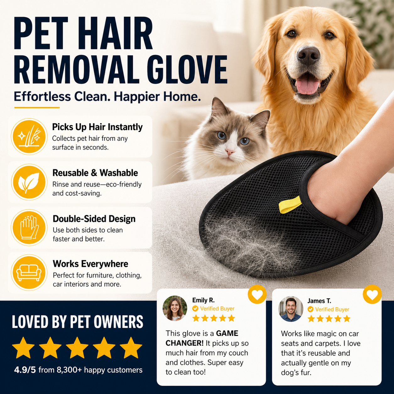 🐾🧤 Pet Hair Remover Electrostatic Gloves – Double-Sided Efficient, Soft Silicone & Washable Reusable (Versatile Home+Car)!