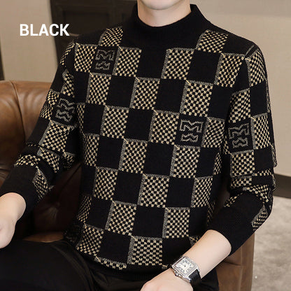 🔥New Year Promotion🔥Men's Checkered Printed Mock Neck Thickened Pullover Sweater