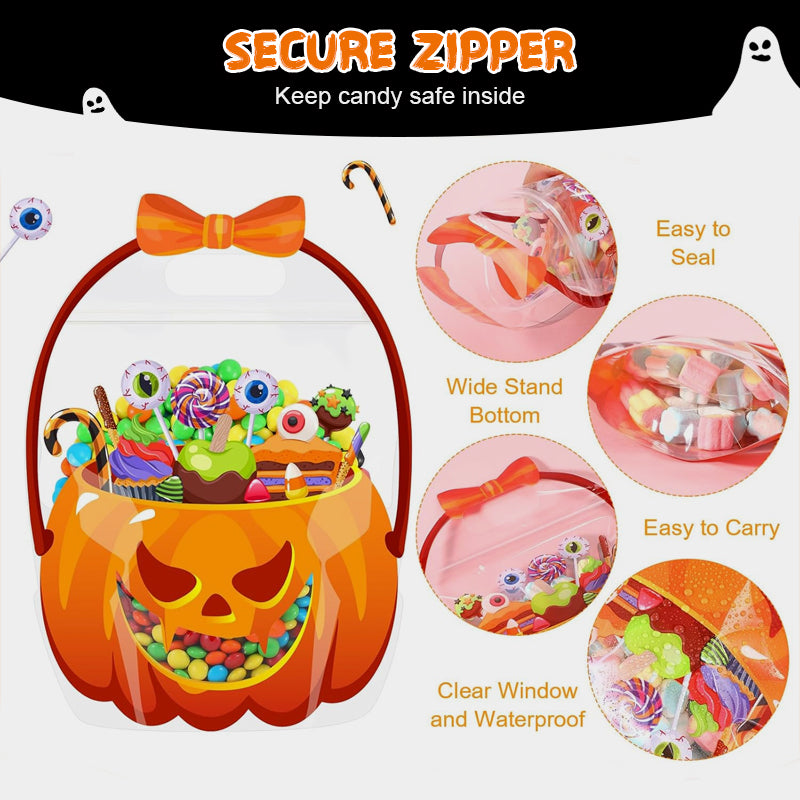 🥳2026 BESTSELLER🥳 Halloween Treat Bags – Pumpkin Design, Resealable Zipper – Easy Carry Handle – 20-Pack – Ideal for Trick-or-Treat & Parties! 🛡️💨