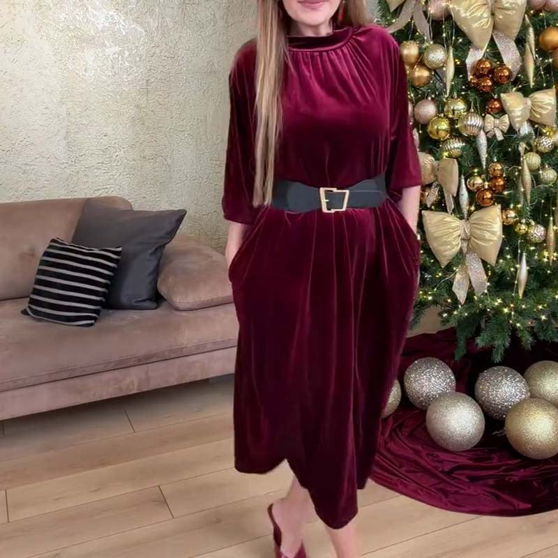 📢📢60 %  OFF !! ⏰Women's Long Sleeve A-Line Velvet Dress