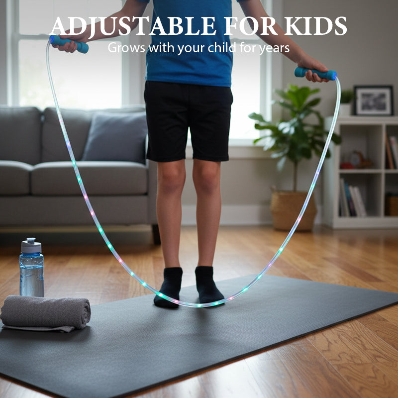 🌟✨ LED light-up jump rope – With 3 adjustable modes and shockproof design for long-lasting fun! 💡🏃‍♀️ Perfect for outdoor activities, sustainable with rechargeable battery. 🌿