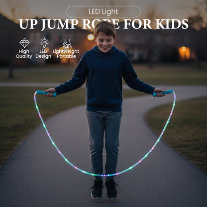 🌟✨ LED light-up jump rope – With 3 adjustable modes and shockproof design for long-lasting fun! 💡🏃‍♀️ Perfect for outdoor activities, sustainable with rechargeable battery. 🌿