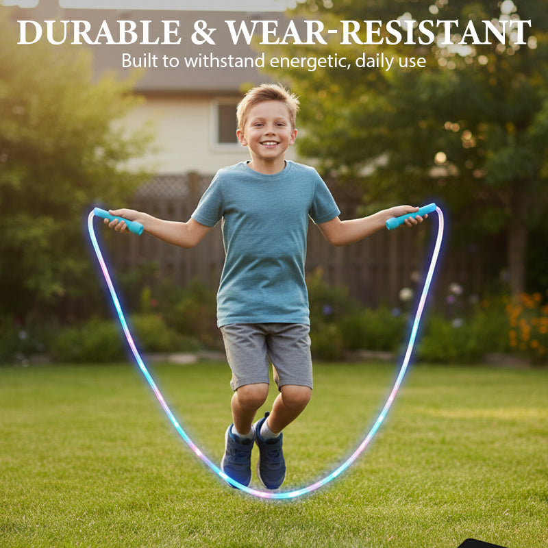 🌟✨ LED light-up jump rope – With 3 adjustable modes and shockproof design for long-lasting fun! 💡🏃‍♀️ Perfect for outdoor activities, sustainable with rechargeable battery. 🌿
