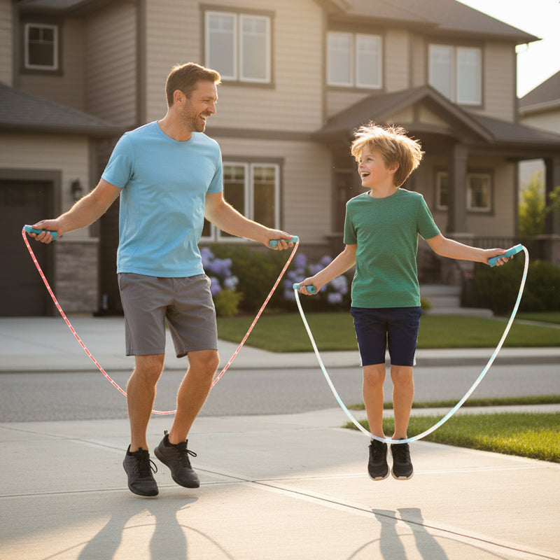 🌟✨ LED light-up jump rope – With 3 adjustable modes and shockproof design for long-lasting fun! 💡🏃‍♀️ Perfect for outdoor activities, sustainable with rechargeable battery. 🌿