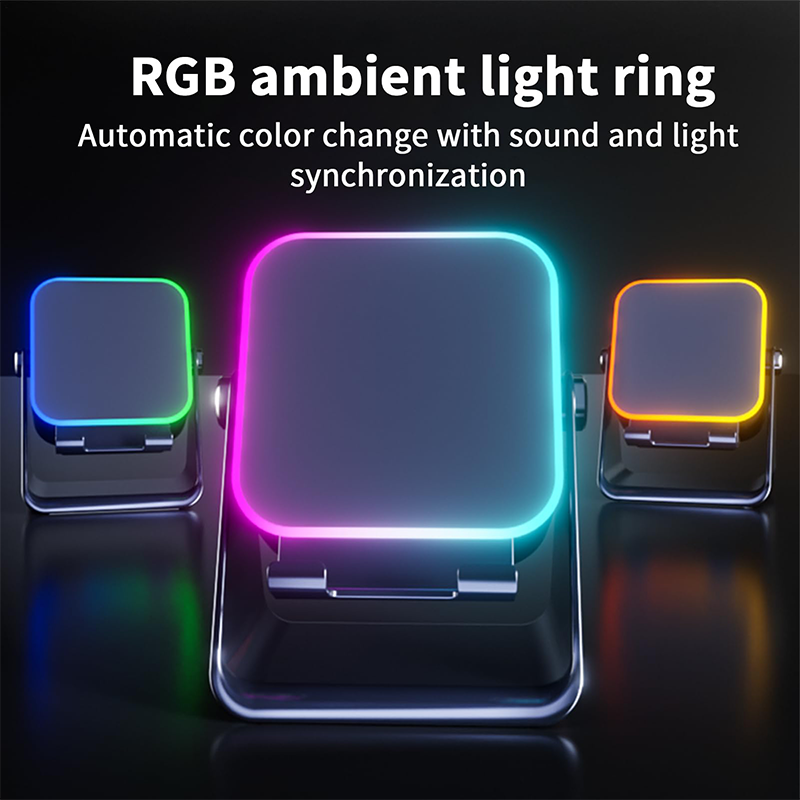 Wireless Induction Speaker 5-in-1 Bluetooth Speaker with Phone Stand,Stereo Sound, 3500mAh Rechargeable, 8 RGB Ambient Light, 360° Adjustable Holder for iPhone/Android/iPad