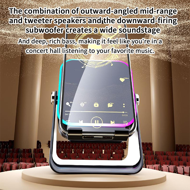 Wireless Induction Speaker 5-in-1 Bluetooth Speaker with Phone Stand,Stereo Sound, 3500mAh Rechargeable, 8 RGB Ambient Light, 360° Adjustable Holder for iPhone/Android/iPad
