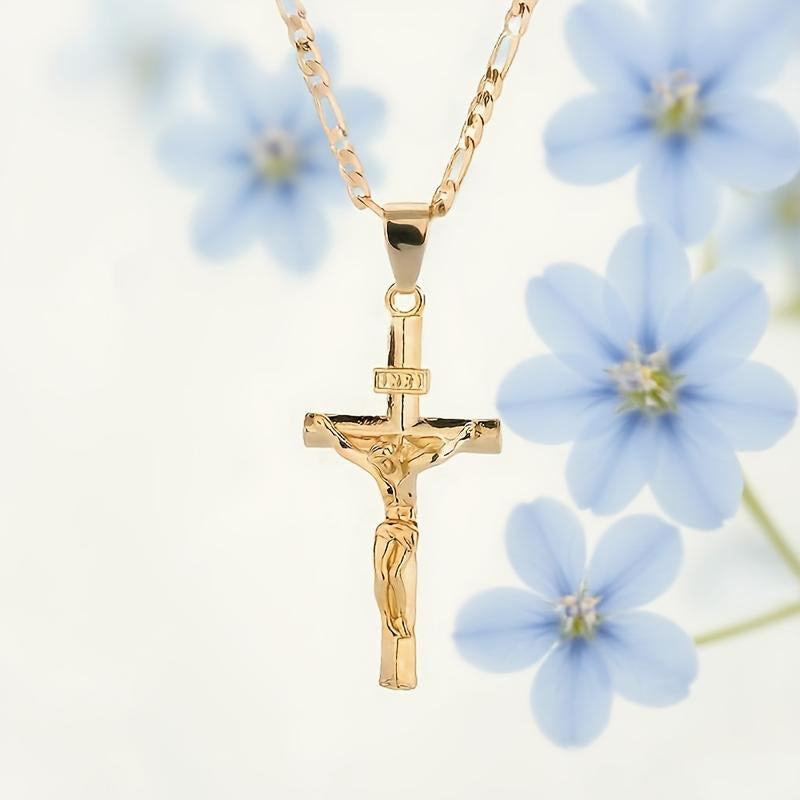 ✝️ 35% OFF NOW! ✨ Gold Crucifix Necklace – Detailed INRI Motif, Adjustable Figaro Chain & Hypoallergenic Finish 💛
