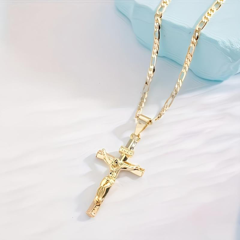 ✝️ 35% OFF NOW! ✨ Gold Crucifix Necklace – Detailed INRI Motif, Adjustable Figaro Chain & Hypoallergenic Finish 💛
