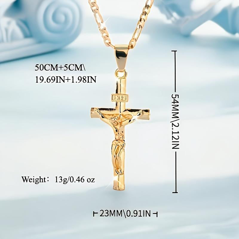 ✝️ 35% OFF NOW! ✨ Gold Crucifix Necklace – Detailed INRI Motif, Adjustable Figaro Chain & Hypoallergenic Finish 💛
