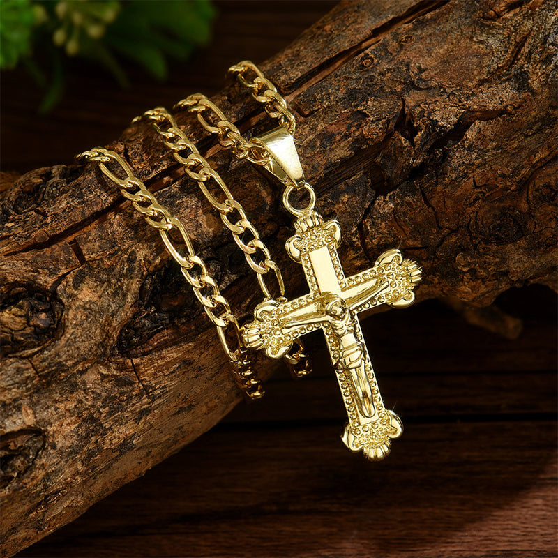 ✝️ 35% OFF NOW! ✨ Gold Crucifix Necklace – Detailed INRI Motif, Adjustable Figaro Chain & Hypoallergenic Finish 💛