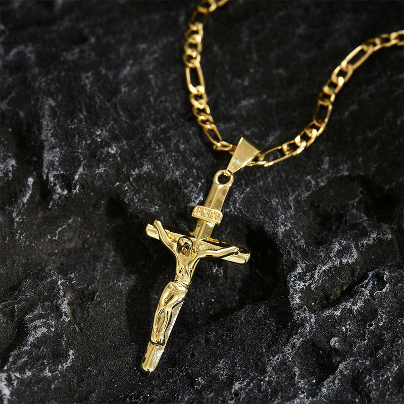 ✝️ 35% OFF NOW! ✨ Gold Crucifix Necklace – Detailed INRI Motif, Adjustable Figaro Chain & Hypoallergenic Finish 💛