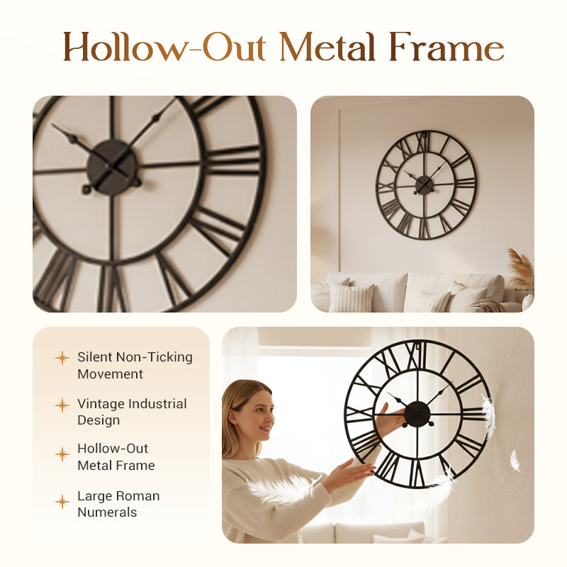 Silent Non-Ticking Vintage Industrial Wall Clock