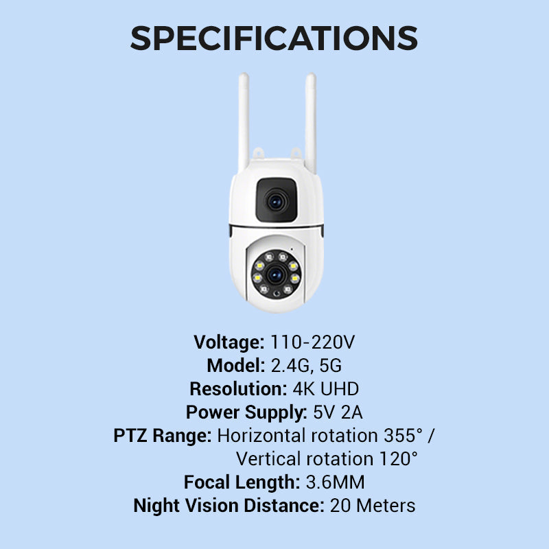 🔍🔍360° Pan & Tilt 4K Dual Lens Security Camera – Outdoor WiFi Surveillance Camera