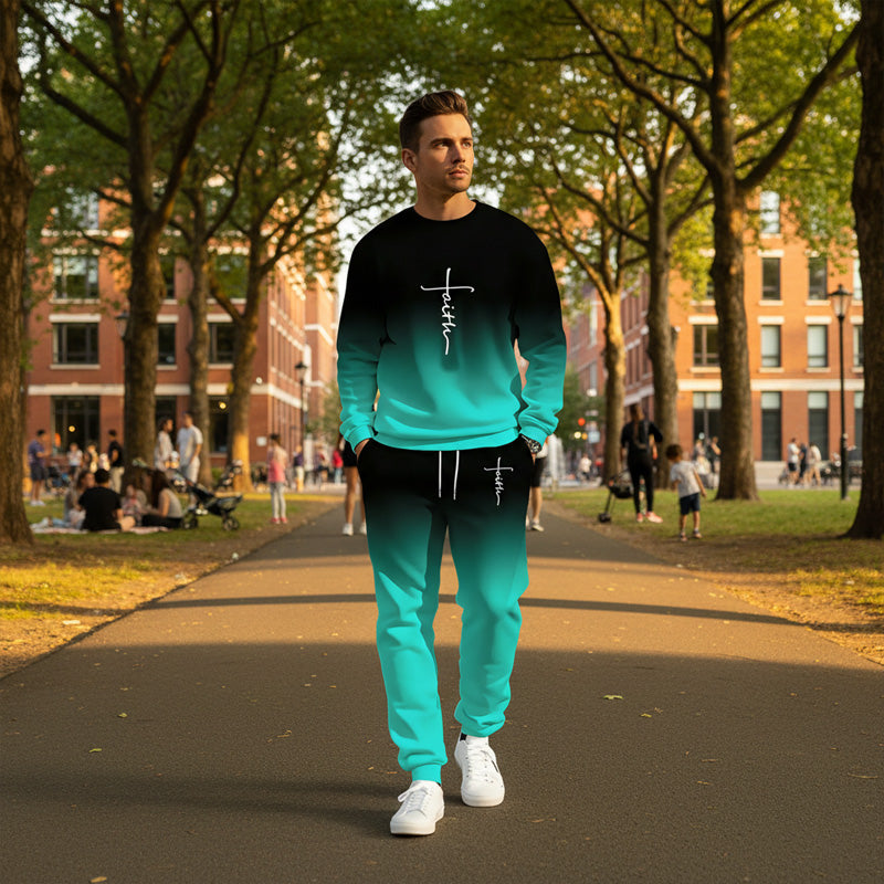 👕 Men’s Gradient Color Crewneck Tracksuit Set – Stylish, Comfortable & Casual Sportswear ✨🏃‍♂️