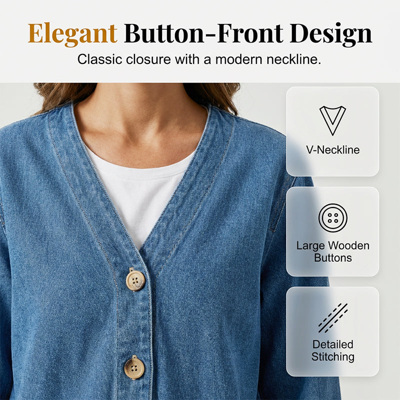 🧥 60% OFF NOW! ✨ Women's Classic Button Front Denim Jacket – V-Neck, Breathable Fabric & Relaxed Fit 💙