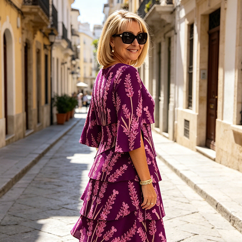 👗 40% OFF! ✨ Tiered Midi Dress – Floral Pattern, Split Sleeves, Flowy, Elegant 🌸