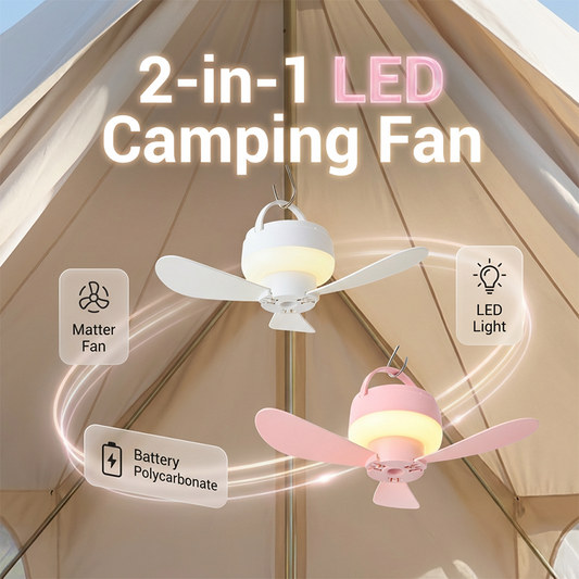 🥳2026 HOT SALE🥳💞50K+ SOLD!🏕️💤 50% OFF! Rechargeable Hanging Fan with LED Light – Silent breeze, soft night glow. Hooks anywhere, 1.5m cord. Sleep cool under canvas! 🌙✨