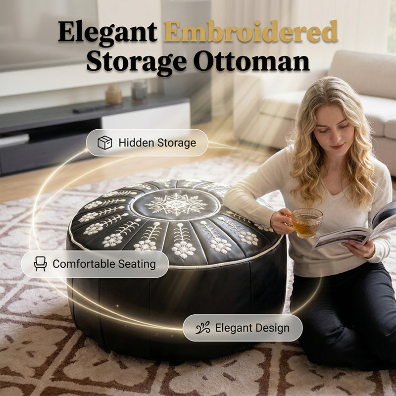 🥳2026 BESTSELLER🔥 Round Storage Ottoman – Intricate Floral Embroidery, Hidden Compartment – Comfortable Extra Seating – Premium Durable Material! 🛡️💨