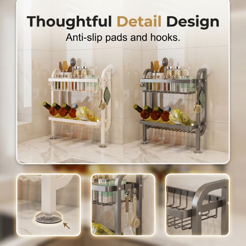 Slim Wall-Mounted Spice Organizer Drill-Free Carbon Steel Kitchen Countertop Storage Rack