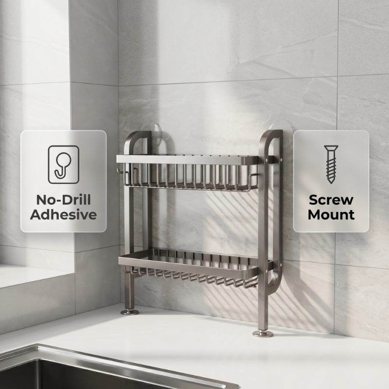 Slim Wall-Mounted Spice Organizer Drill-Free Carbon Steel Kitchen Countertop Storage Rack