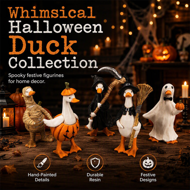 🎃BORING HALLOWEEN DECOR?🎃 Spooky Duck Set – Hand-Painted, 5 Characters, Weather-Resistant – For Shelves, Desks & Outdoors! 🦇