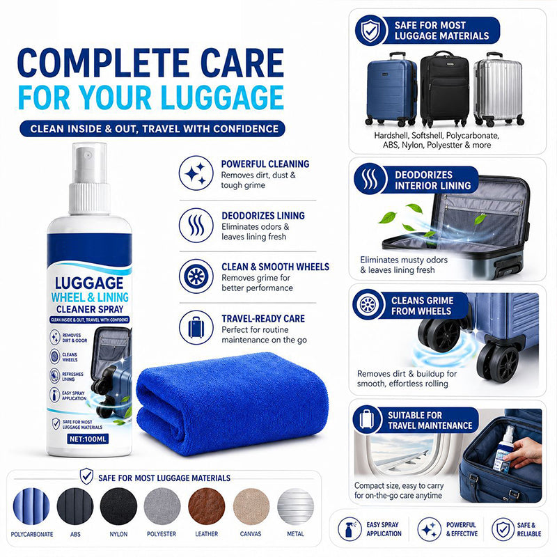 🔥 Multi-Surface Luggage Cleaning Spray – Gentle Formula for ABS, Polycarbonate, Leather & Canvas – Ideal for Pre-Trip & Post-Travel Care 🧳🧴