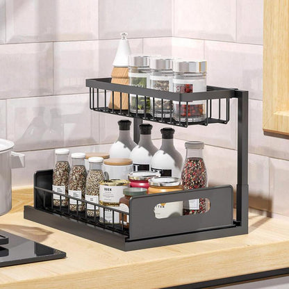 🔥 2-Tier Carbon Steel Organizer – Sliding Drawer & Ventilated Grid, Holds 50 lbs – Ideal for Under-Sink Cabinets, Desks & Bathrooms 🗄️✨